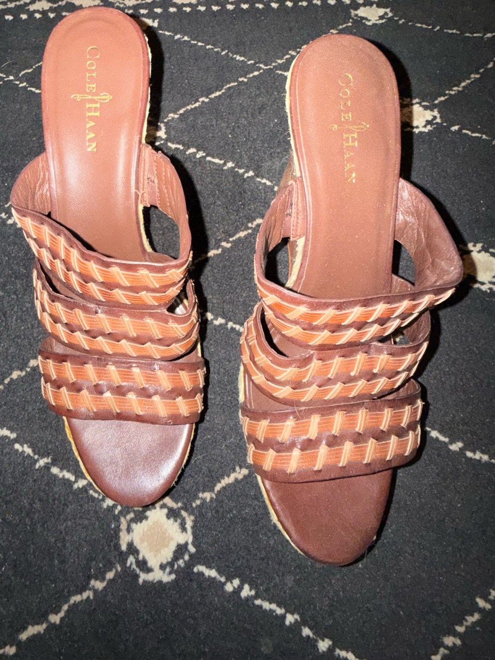 Cole Haan Brown Woven Leather Slide Mules